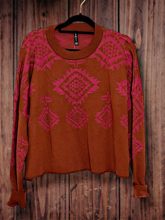 Rust/Pink Aztec Crop Sweater