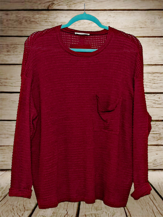 Burgundy Waffle Pocket Long Sleeve Top