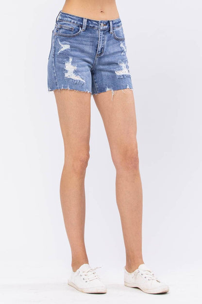 “Lacey” - Lace Patch/Distressed Shorts