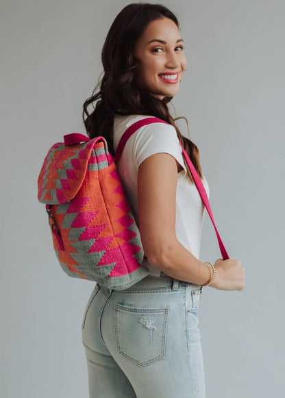 “Virginia” - Orange, Pink & Slate Aztec Backpack