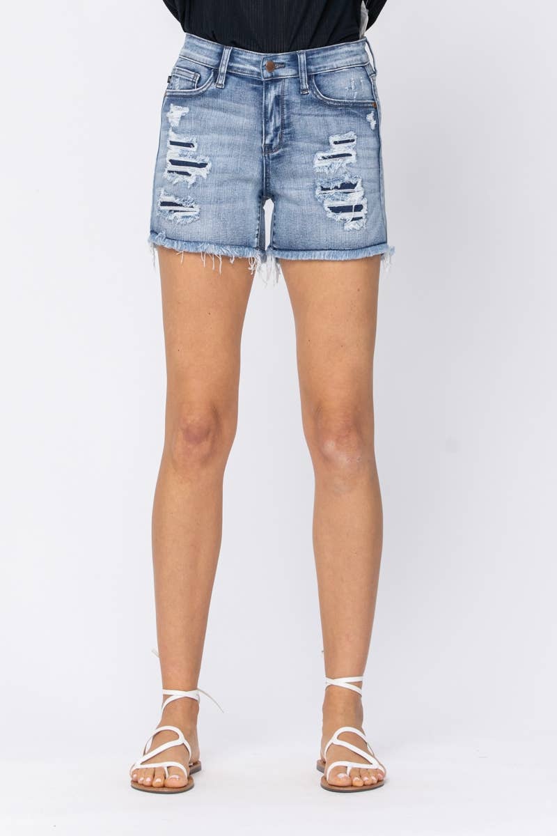 “Emma” - Mid-Rise Destroyed/Patched Shorts