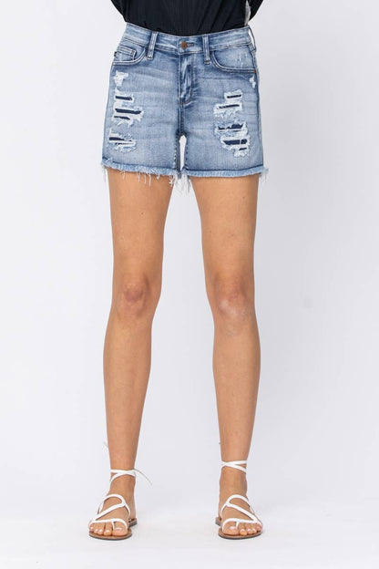 “Emma” - Mid-Rise Destroyed/Patched Shorts
