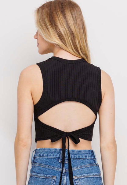 Ribbed Black Tie Back Top